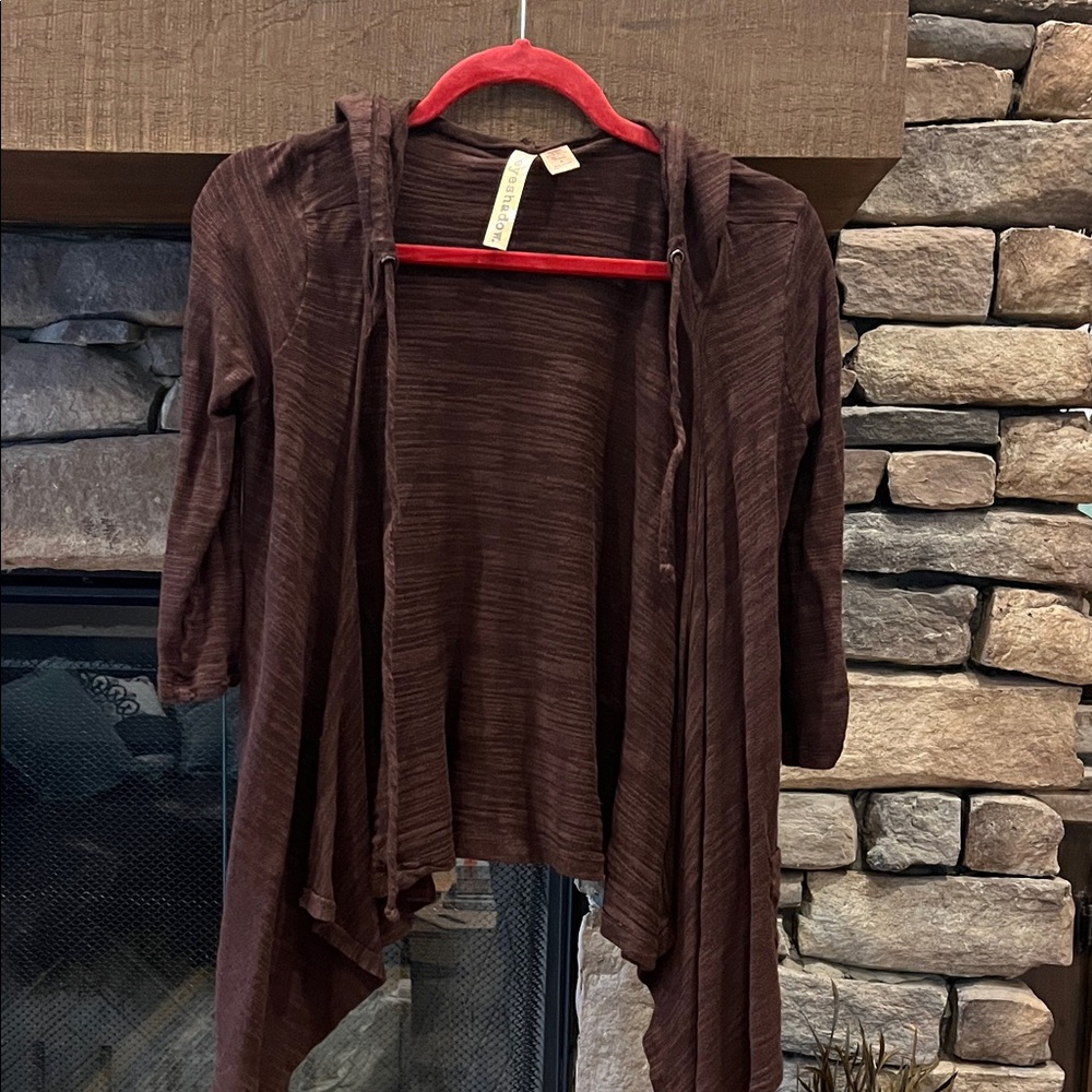 🌷3 Tops for $18 - Open Front Hooded Cardigan in Deep Brown w/ Pockets, Sz Jr Med